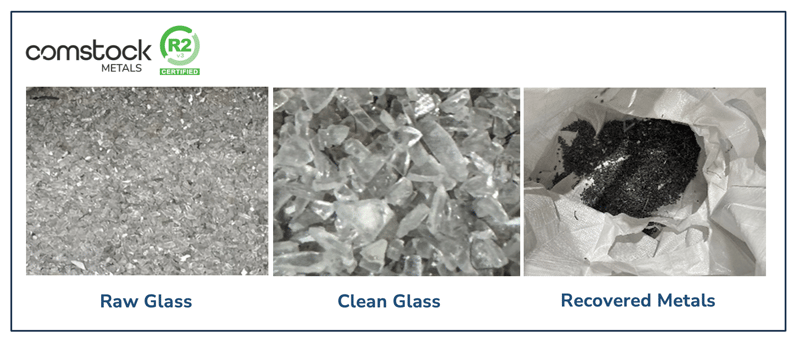 Images of Raw Glass, Clean Glass, and Recovered Metals
