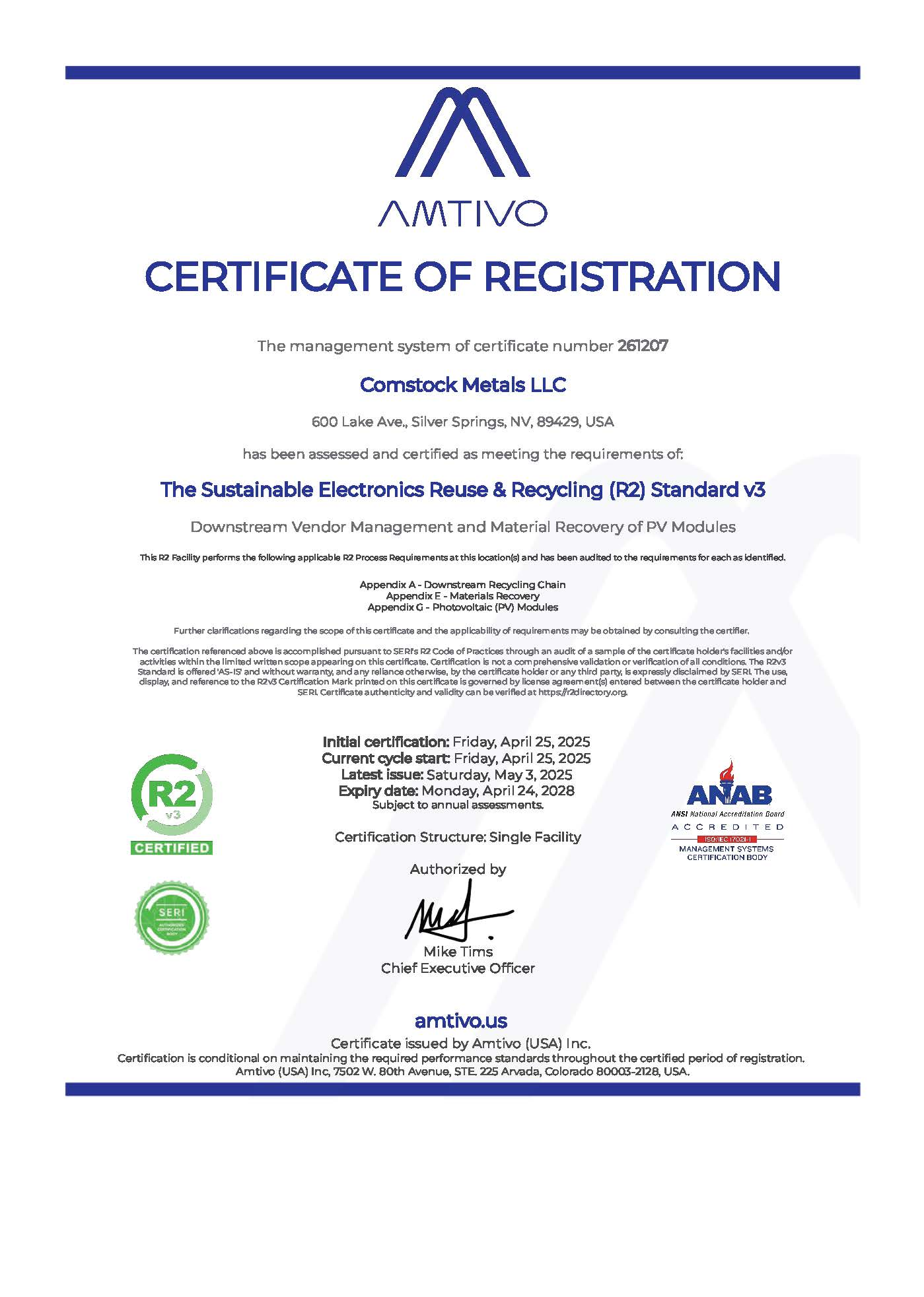 Certificate-Comstock Metals-R2v3 Rev. 1