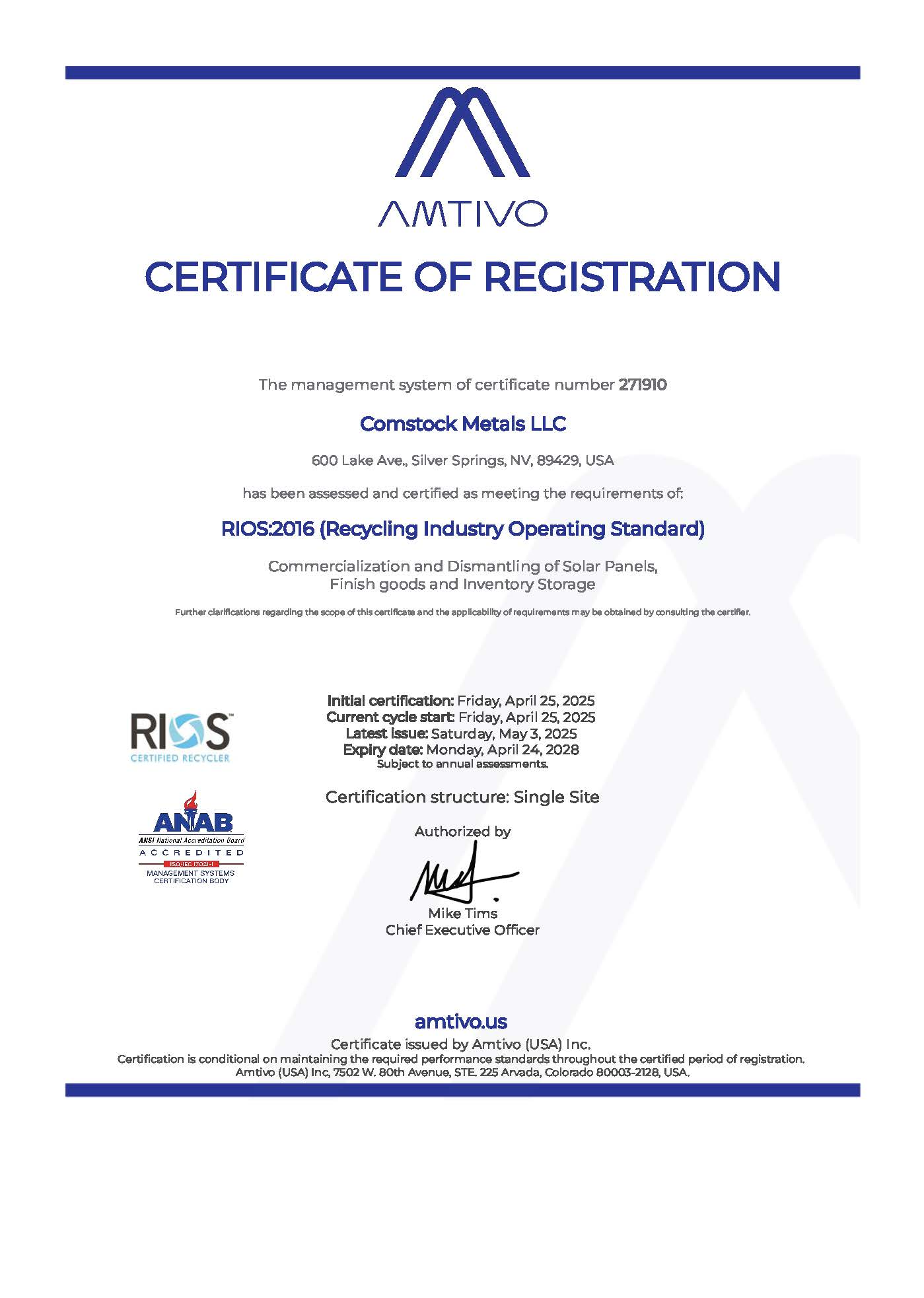 Certificate-Comstock Metals-RIOS Rev. 1