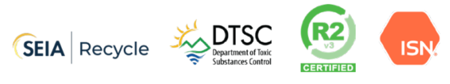 SEIA Recycle, DTSC, R2v3 Certified, and ISN certification logos