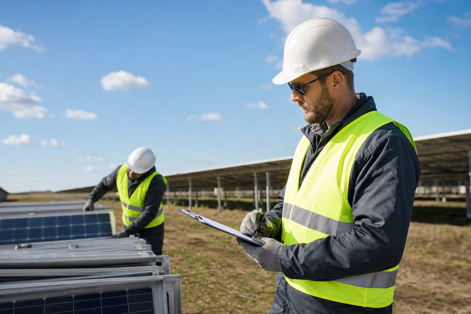 Crews unbolting solar modules from a desert tracker row in Arizona