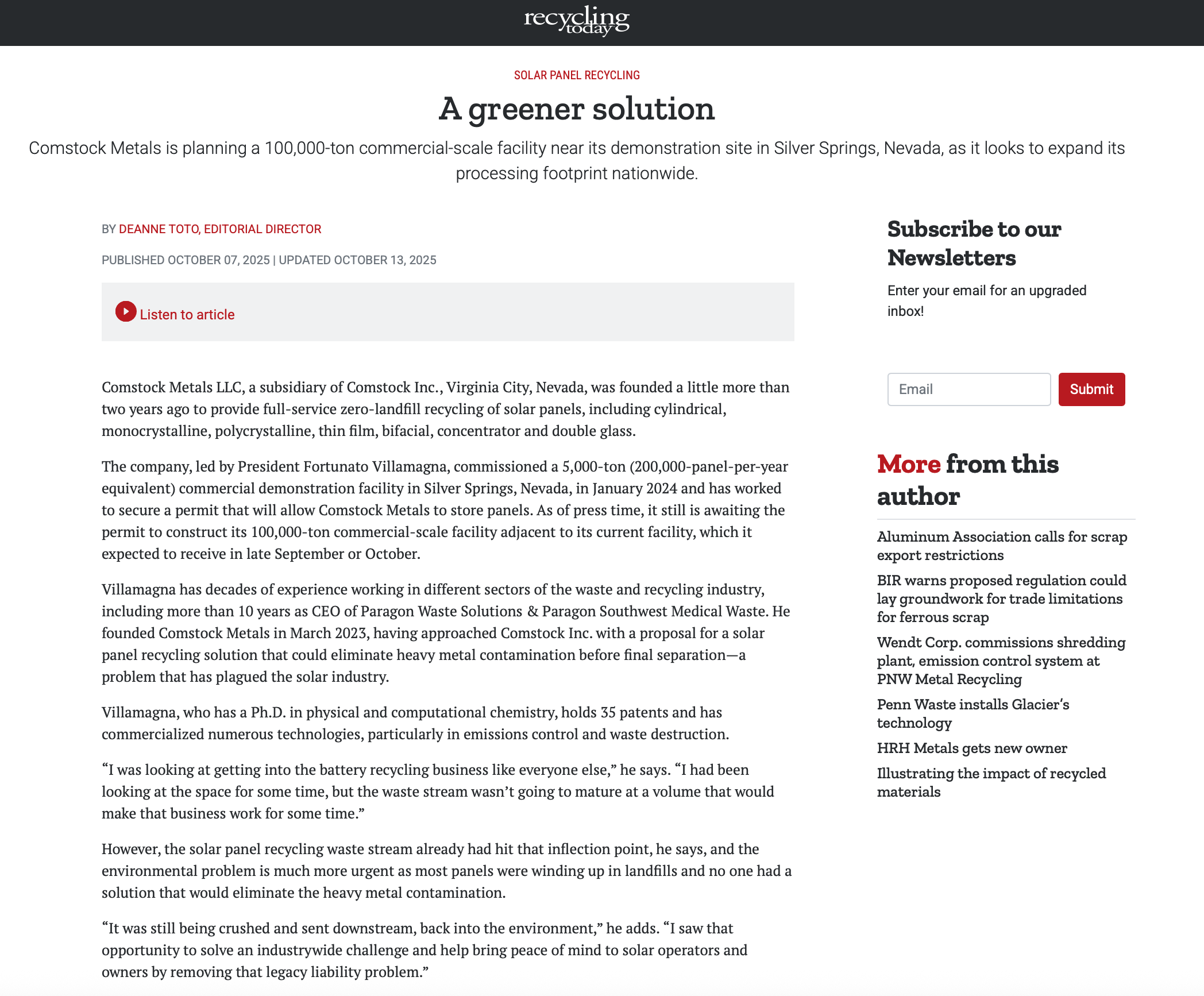 Recycling Today - Comstock Metals