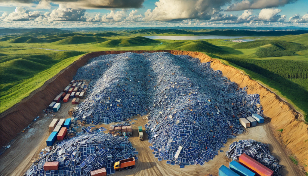 Image of solar panels laying in a landfill pit.